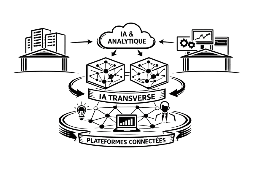 Schéma du socle technologique Rivagroupe — IA Transverse, plateformes connectées, analytique
